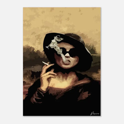 Estampe artistique stylisée représentant une femme coiffée d’un chapeau noir et vêtue d’une tenue sombre en train de fumer, rendue avec des coups de pinceau texturés sur un fond aux tons sépia.