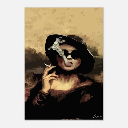 Une estampe artistique stylisée représentant une femme portant un chapeau noir et des lunettes de soleil, fumant une cigarette avec de la fumée s’enroulant autour de ses lèvres sur un fond texturé aux tons sépia.