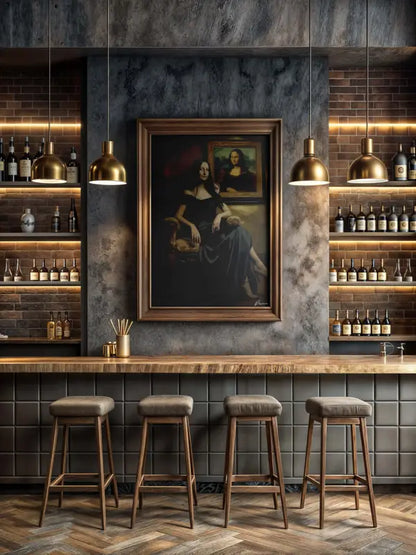 Un portrait encadré de la Joconde dans un cadre en bois sombre, mettant en vedette son sourire énigmatique iconique et sa tenue drapée sur un fond atténué.