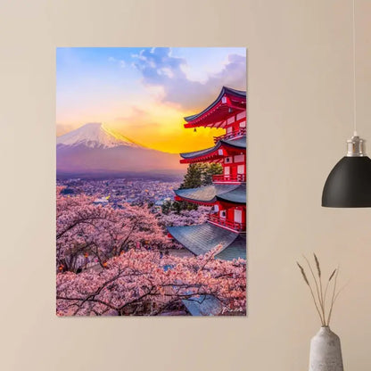 Pagode rouge vibrante aux toits en tuiles gris foncé se dresse au milieu de cerisiers en fleurs roses, sur fond du mont Fuji enneigé au coucher du soleil.