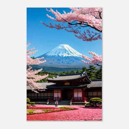 Une impression vibrante mettant en vedette le mont Fuji avec un pic enneigé, encadré par des cerisiers en fleurs roses et un temple japonais traditionnel au premier plan.
