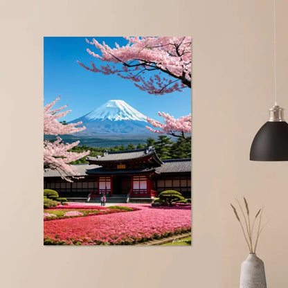 Une impression sur toile vibrante représentant le mont Fuji avec des cerisiers en fleurs et un temple japonais traditionnel, encadré par des branches fleuries roses sur un ciel bleu clair.