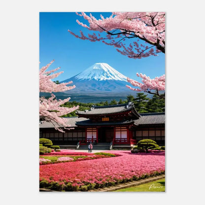 Une affiche vibrante imprimée de cerisiers en fleurs roses représentant un temple japonais traditionnel avec des piliers rouges et des toits de tuiles sombres, sur fond du pic enneigé du mont Fuji sous un ciel bleu clair.