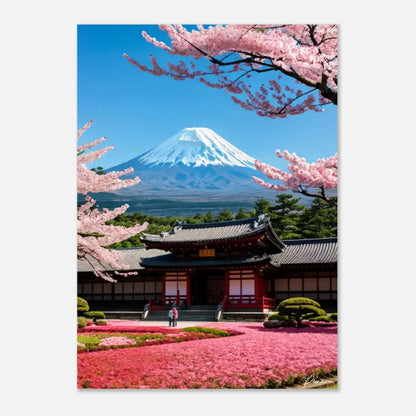 Une impression vibrante mettant en scène un temple japonais traditionnel à l’architecture rouge et noire, encadré par des cerisiers en fleurs roses et se dressant sur fond du pic enneigé du mont Fuji sous un ciel bleu clair.