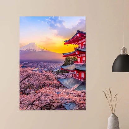 Pagode rouge vibrante aux toits en tuiles gris foncé se dresse au milieu de cerisiers en fleurs roses, sur fond du mont Fuji enneigé au coucher du soleil.