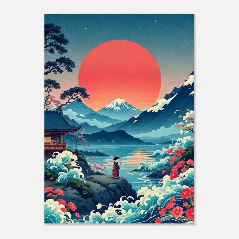 Une illustration numérique vibrante d’un paysage japonais serein présentant le mont Fuji sous un grand soleil orange, avec des cerisiers en fleurs et des vagues stylisées.
