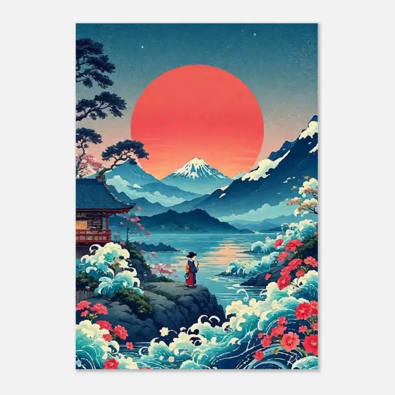 Une impression d’art numérique vibrante mettant en scène une figure solitaire vêtue d’un costume traditionnel rouge et noir, debout sur des rivages rocheux bordés de vagues turquoise, avec des cerisiers en fleurs autour d’eux sous un soleil orange massif se levant au-dessus de montagnes enneigées.
