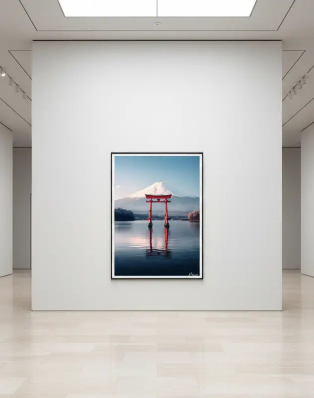 Une photographie encadrée d’une porte torii rouge se reflétant dans une eau calme avec le mont Fuji en arrière-plan.