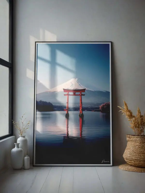 Une photographie encadrée mettant en vedette une porte torii rouge vibrante reflétée dans une eau calme avec le pic enneigé du mont Fuji se dressant derrière elle, sur fond d’un ciel bleu serein.