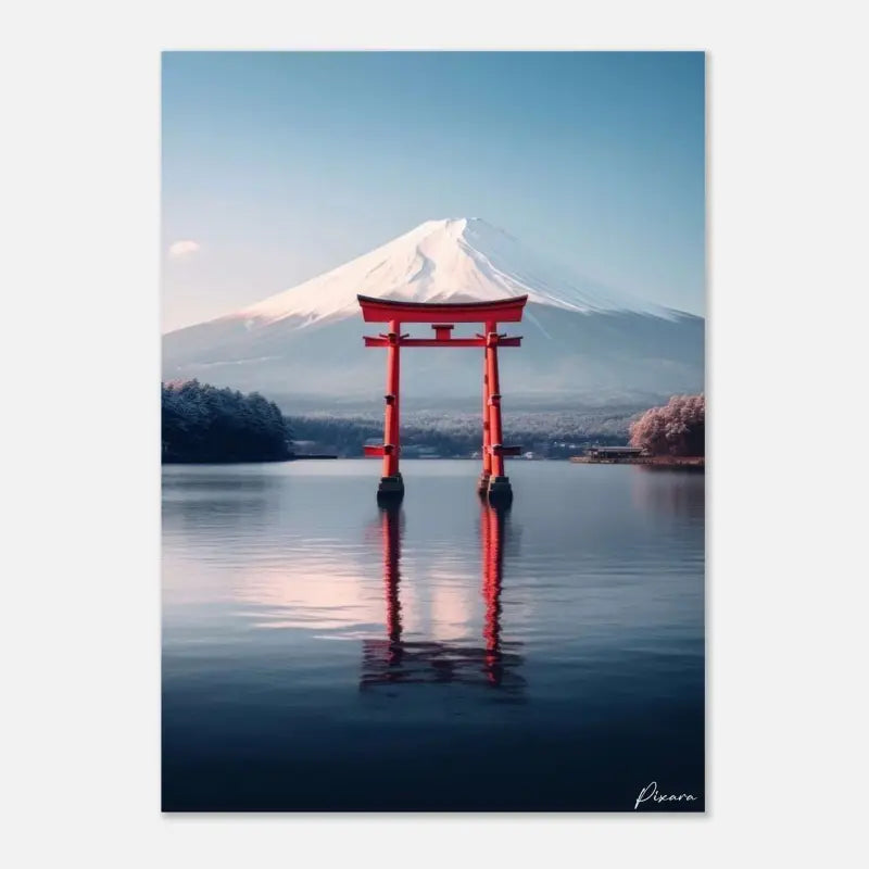 Portail torii en bois rouge vibrant se dresse dans l’eau calme, reflétant sa silhouette sur un fond du mont Fuji enneigé sous un ciel bleu clair.