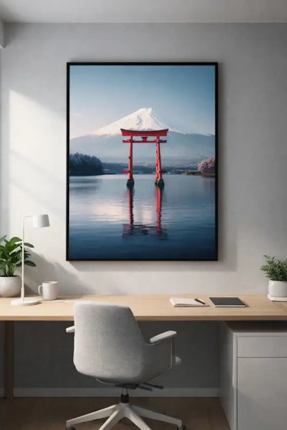 Une impression sur toile encadrée mettant en scène une vibrante porte torii rouge reflétée dans une eau bleue calme, avec le pic enneigé du mont Fuji se dressant derrière elle.