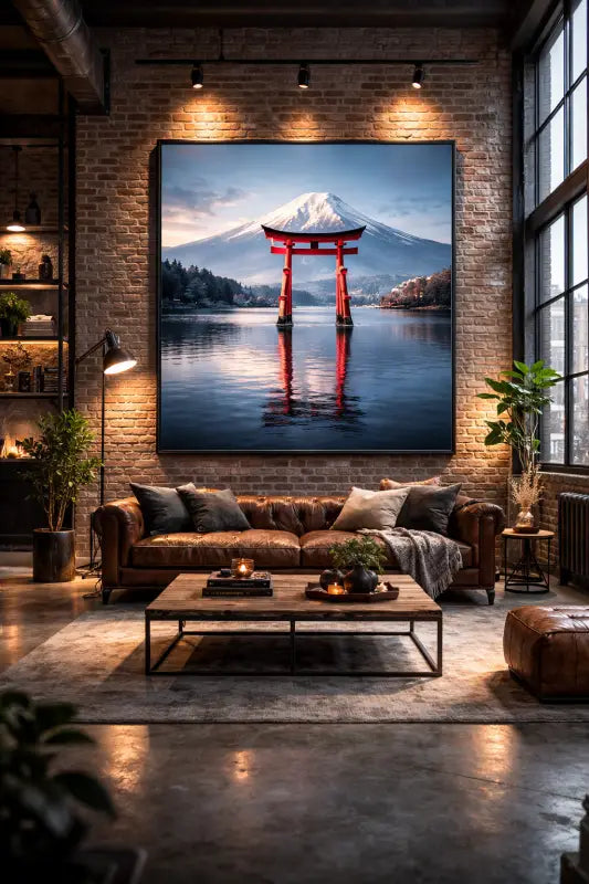 Une porte torii rouge frappante se dresse de manière proéminente au centre d’un lac serein, avec le mont Fuji enneigé se dressant majestueusement derrière elle sous un ciel crépusculaire doux.