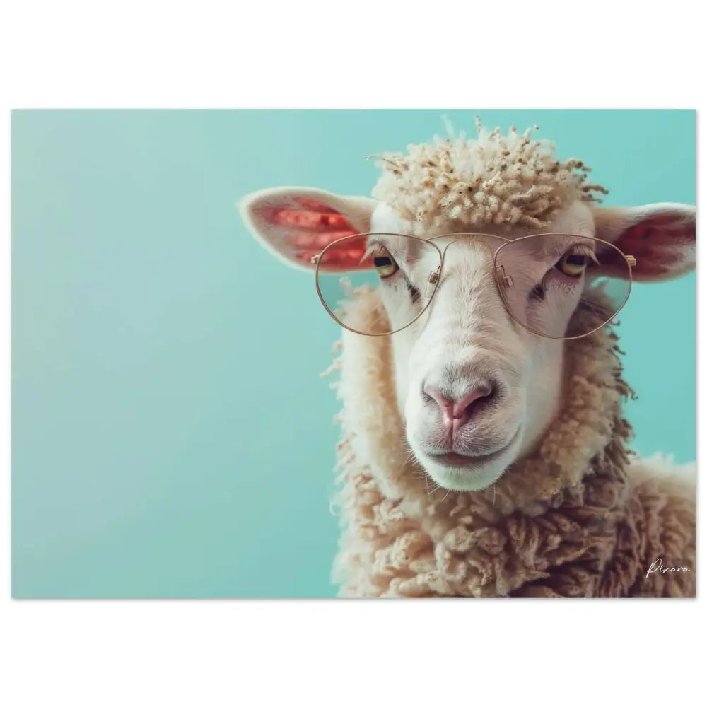 Un mouton duveteux de couleur crème avec une toison épaisse et laineuse et des oreilles internes roses, portant une paire de lunettes d’aviateur à monture fine en or.