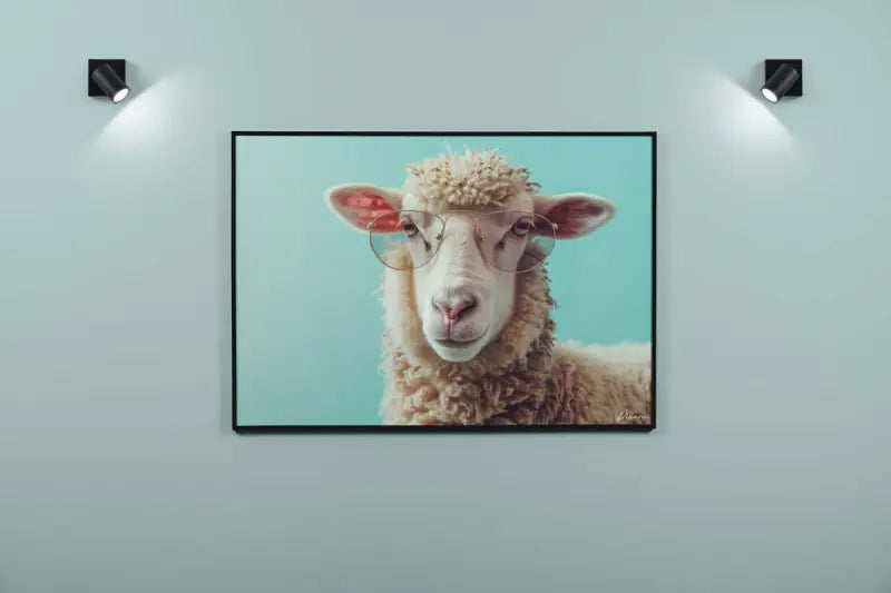 Un portrait encadré d’un mouton blanc duveteux portant des lunettes rondes, sur fond bleu clair.
