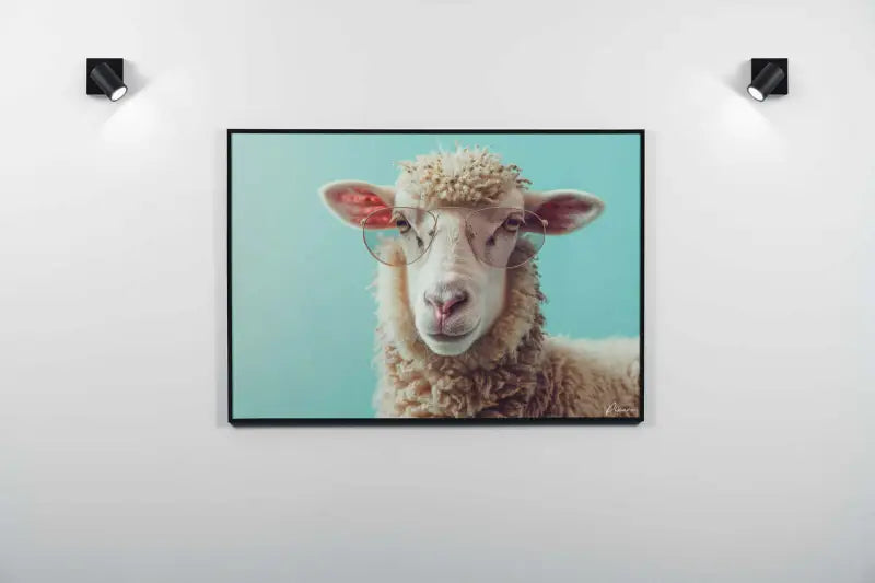 Une impression sur toile encadrée mettant en scène un mouton blanc duveteux avec des lunettes rondes sur un fond bleu clair.