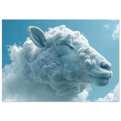 Un mouton blanc serein avec une laine moelleuse, semblable à un nuage, sur un ciel bleu vif.