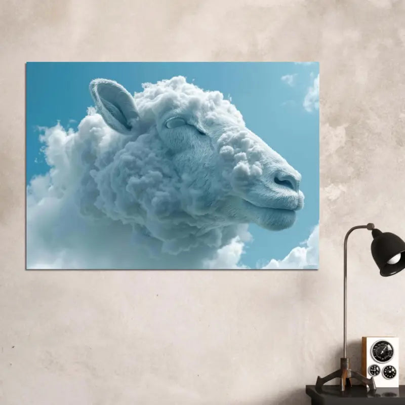 Un mouton serein, bleu clair, avec une laine moelleuse semblable à des nuages est représenté dans une impression sur toile rectangulaire sur un fond de ciel clair.