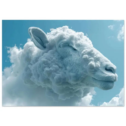 Une tête de mouton blanc sereine sculptée dans un matériau duveteux ressemblant à des nuages, sur fond de ciel bleu clair.
