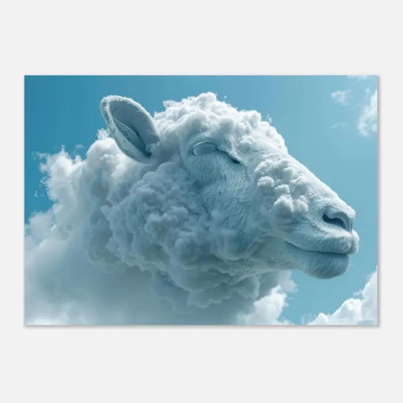 Une tête de mouton sereine formée de nuages, avec une texture douce de laine blanche contre un ciel bleu clair.