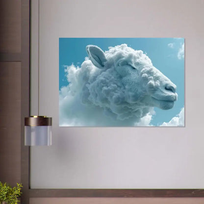 Un mouton serein bleu clair fait de nuages moelleux flotte contre un ciel clair dans cette œuvre d’art murale encadrée.