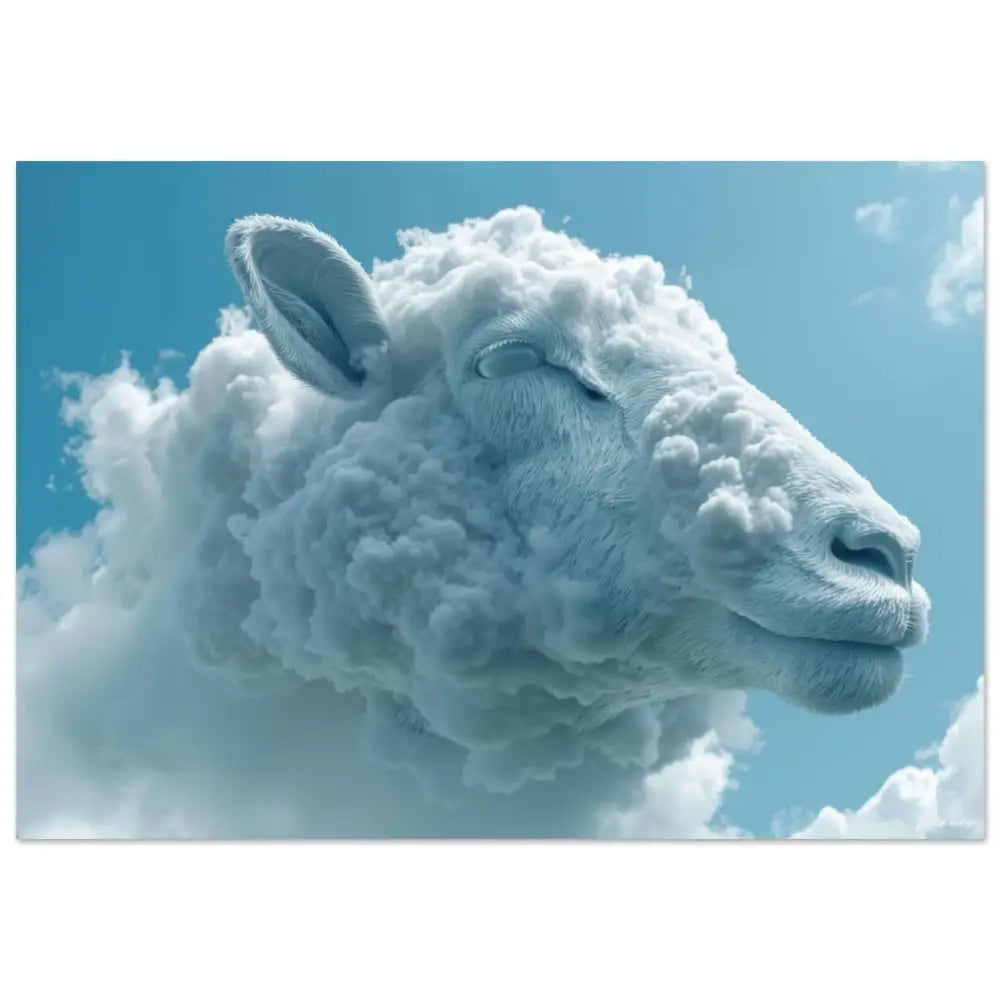 Un mouton blanc serein avec une laine moelleuse, semblable à un nuage, sur un ciel bleu vif.