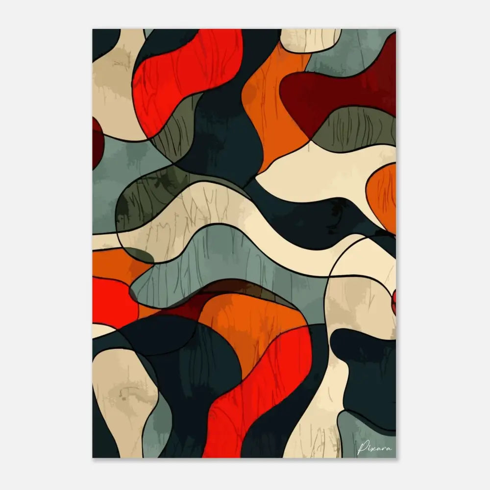 Impression d’art abstrait présentant des formes fluides et organiques en rouges audacieux, oranges, bleus profonds et beiges crémeux.