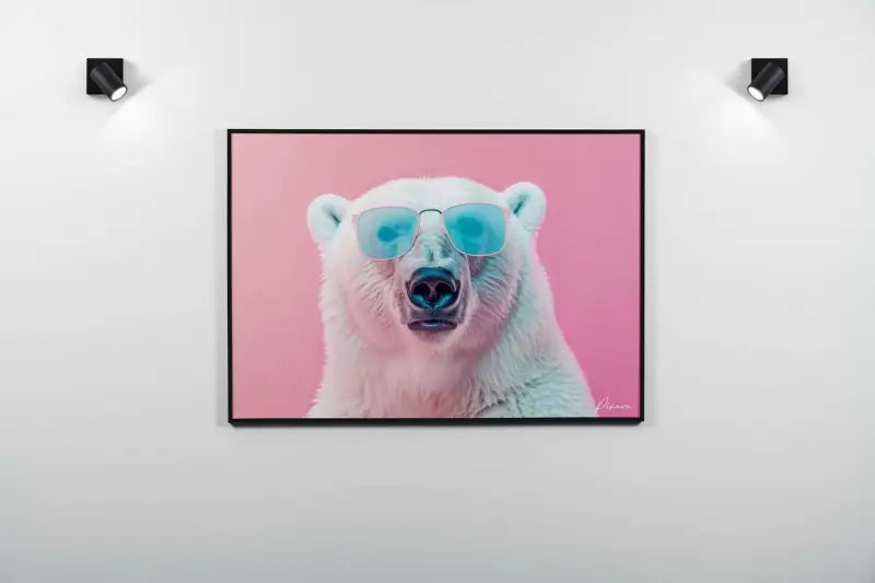 Un portrait encadré d’un ours polaire blanc portant des lunettes de soleil bleu clair sur un fond rose.