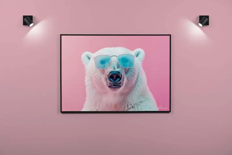 Un portrait encadré d’un ours polaire blanc portant des lunettes de soleil turquoise sur un fond rose.