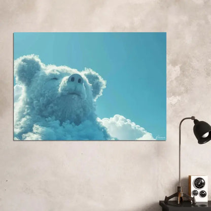 Un ours blanc duveteux et serein fait de nuages sur un ciel bleu vibrant.