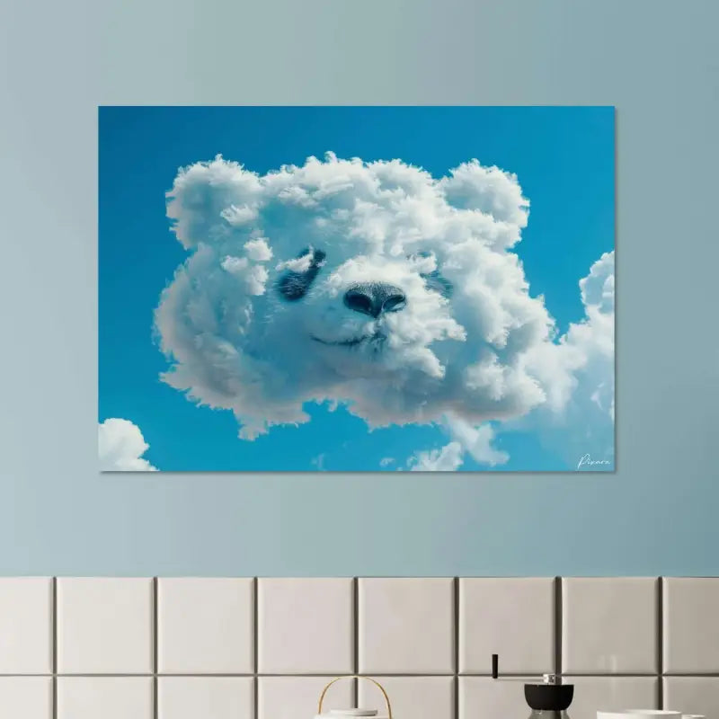 Une impression sur toile fantaisiste mettant en scène un nuage blanc duveteux en forme de visage d’ours sur un ciel bleu vibrant.