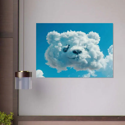 Une impression sur toile fantaisiste mettant en scène un nuage blanc duveteux en forme de visage d’ours sur un ciel bleu vibrant.