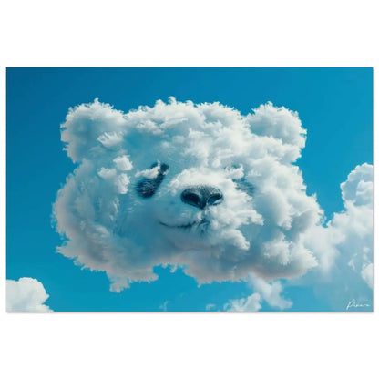Un nuage blanc et duveteux en forme de visage de panda contre un ciel bleu vibrant.