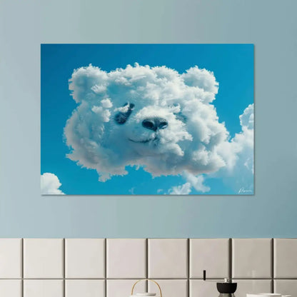 Une impression sur toile fantaisiste mettant en scène un nuage blanc duveteux en forme de visage d’ours sur un ciel bleu vibrant.