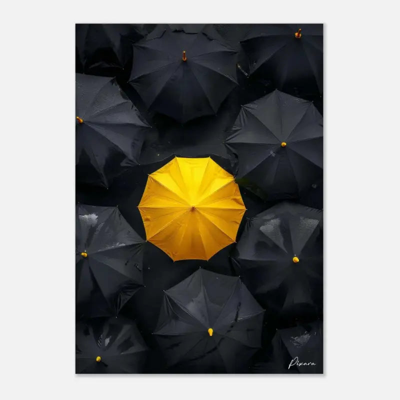 Un parapluie jaune vif se distingue au milieu d’une mer de parapluies noirs.
