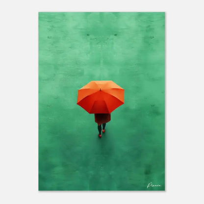 Un parapluie orange vibrant tenu par une personne qui s’éloigne sur une surface verte texturée.