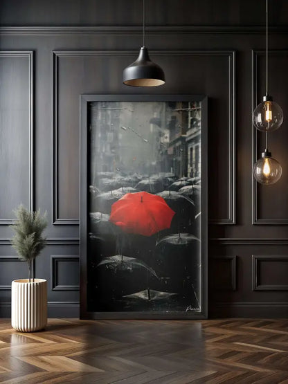 Un parapluie rouge frappant se détache sur un paysage urbain en monochrome dans cette œuvre d’art encadrée.