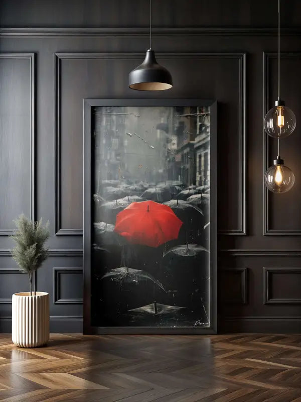 Un parapluie rouge frappant se détache sur un paysage urbain en monochrome dans cette œuvre d’art encadrée.