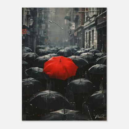 Un parapluie rouge vif se distingue au milieu d’une mer de parapluies noirs sous la pluie.