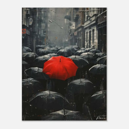 Un parapluie rouge vibrant se distingue au milieu d’une mer de parapluies noirs dans une scène urbaine pluvieuse.