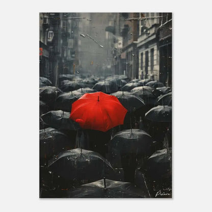 Un parapluie rouge vibrant se distingue au milieu d’une mer de parapluies noirs dans une scène urbaine pluvieuse.