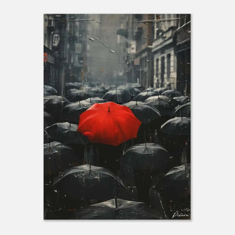 Un parapluie rouge vibrant se distingue au milieu d’une mer de parapluies noirs dans une scène urbaine pluvieuse.