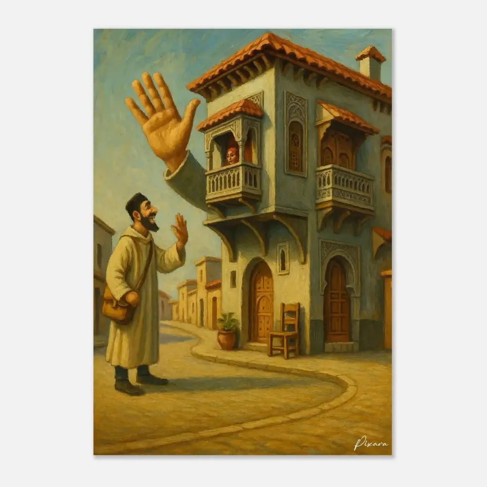 Une peinture de style vintage représentant un homme en robe beige saluant quelqu’un depuis un bâtiment orné, à plusieurs étages, bleu, avec des tuiles de toiture en terre cuite et des fenêtres en arc.