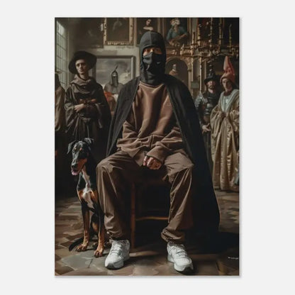Un homme en cagoule noire et sweat-shirt marron est assis sur une chaise en bois, flanqué de figures en tenue historique.