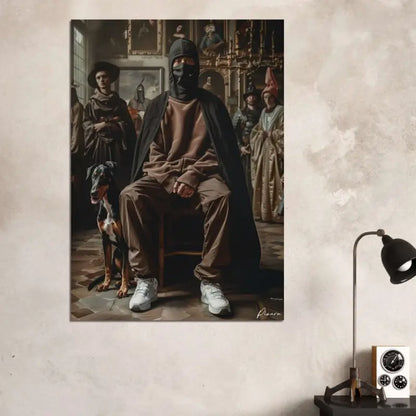 Une impression sur toile encadrée représentant une figure moderne en tenue marron et cagoule noire assise sur une chaise, accompagnée d’un doberman, sur un fond d’intérieur historique orné.