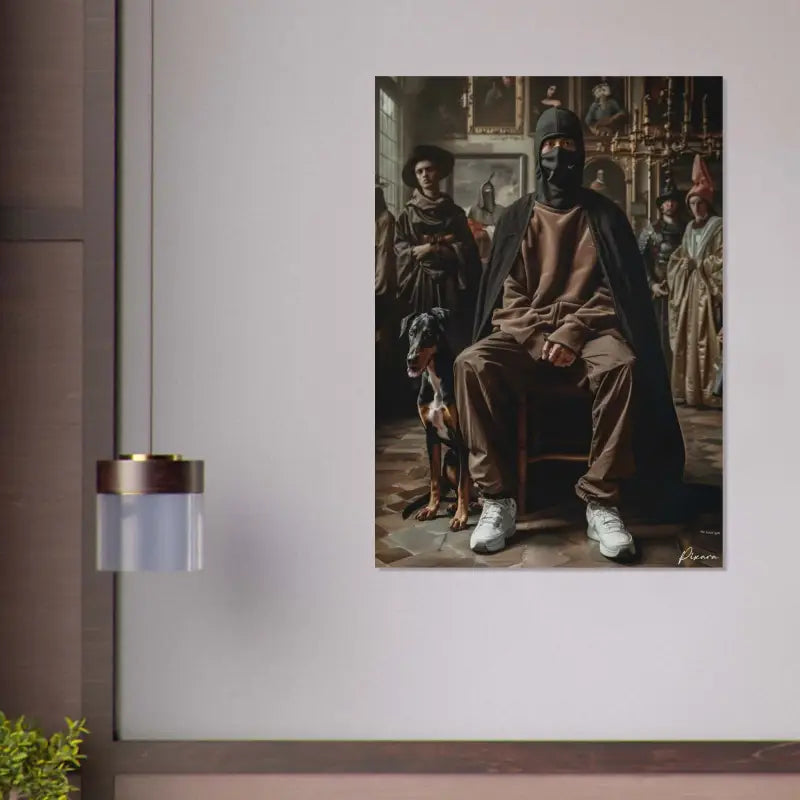 Une estampe de portrait encadrée représentant une figure moderne en tenue de détente marron et baskets blanches assise avec un doberman, sur fond d’un intérieur historique orné.