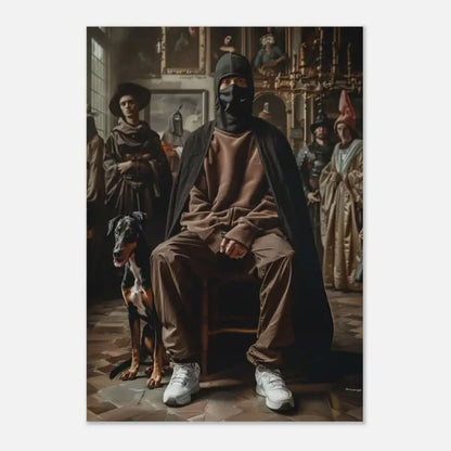 Un homme en cagoule noire et sweat à capuche marron est assis sur une chaise en bois, flanqué d’un doberman pinscher avec la langue sortie.