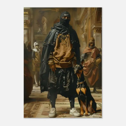 Un doberman pinscher noir et feu avec un collier doré se tient à côté d’une personne en streetwear sombre et superposé.