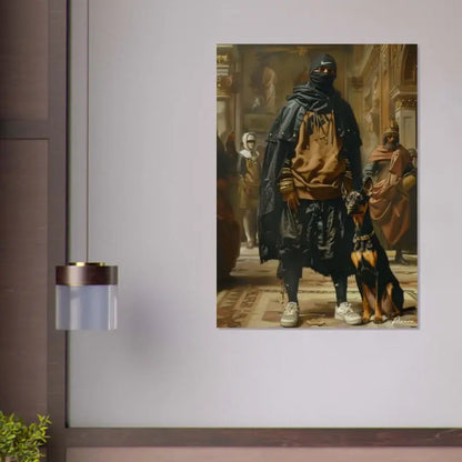 Une impression sur toile encadrée représentant une figure moderne et à la mode en streetwear noir et beige, debout avec un doberman pinscher.