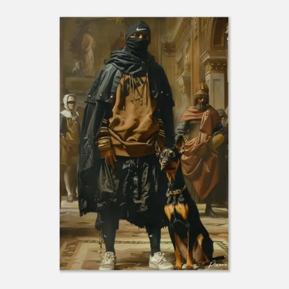 Doberman pinscher noir et feu de type robuste et musclé avec un collier métallique.