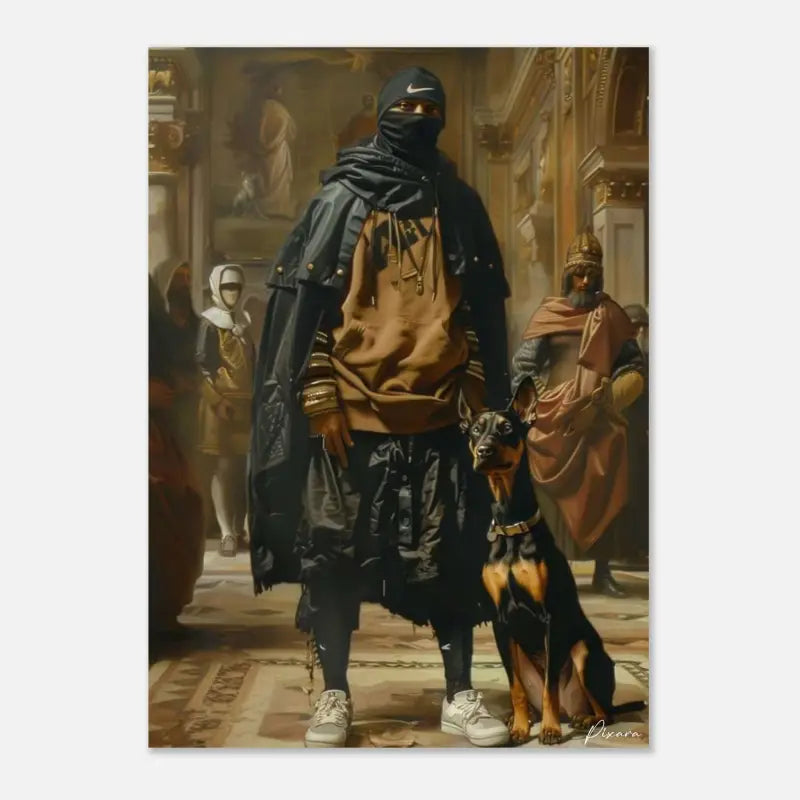 Un portrait stylisé moderne en impression mettant en scène une personne vêtue d’un hoodie Nike noir et de baskets blanches debout à côté d’un doberman pinscher.